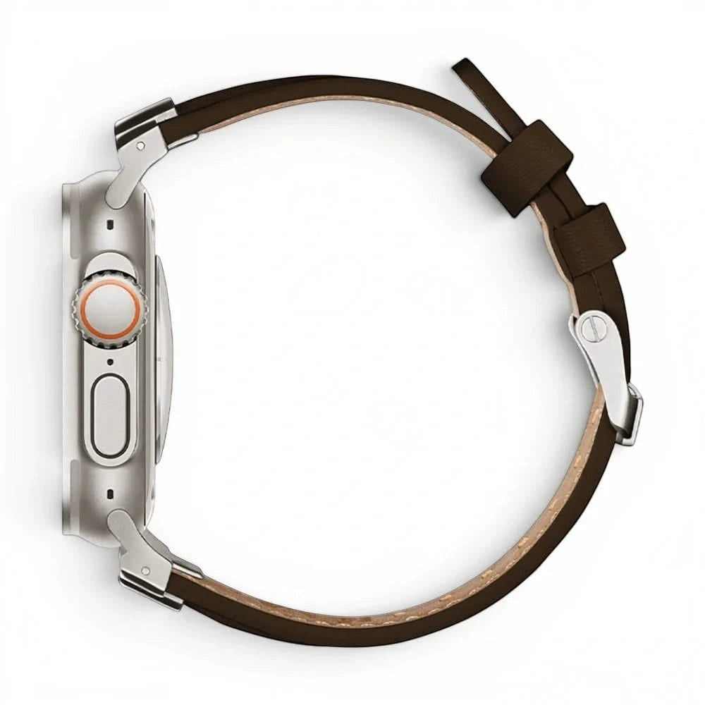 Bracelet Saga cuir & titane café, vue de profil - Apple Watch | Clipz-it