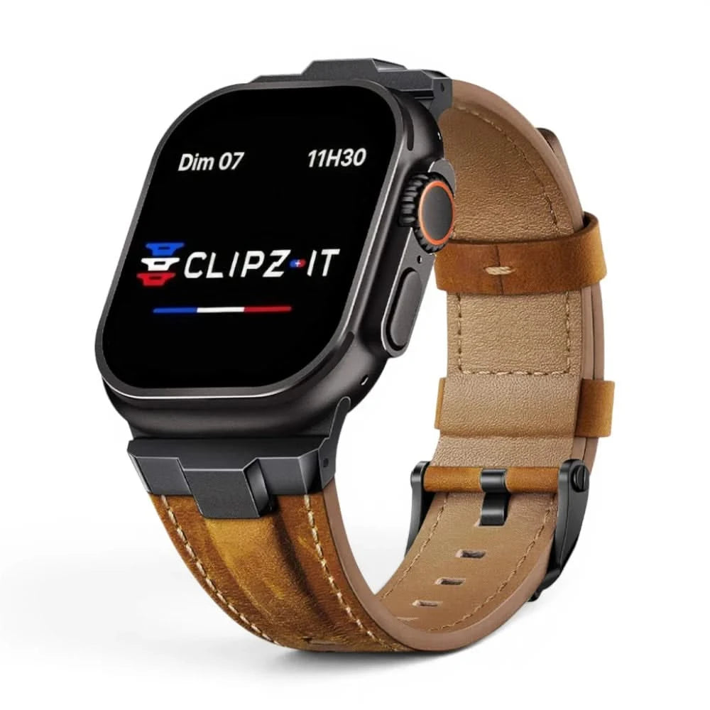 Bracelet Saga cuir & titane marron, vue de face 2 - Apple Watch | Clipz-it
