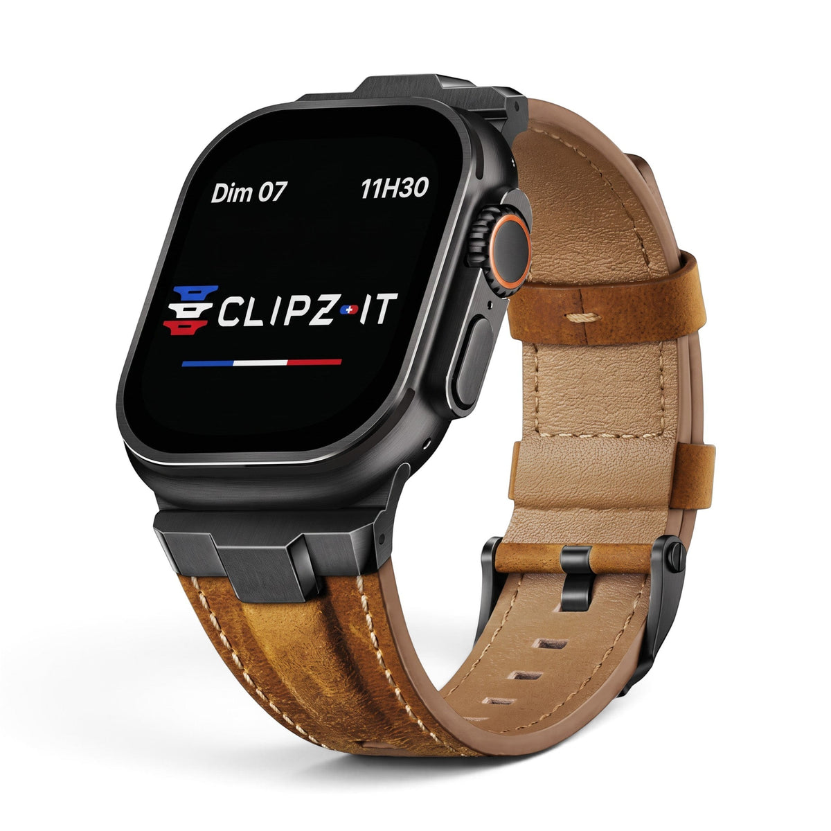 Bracelet Saga cuir & titane marron, vue de face 2 - Apple Watch | Clipz-it