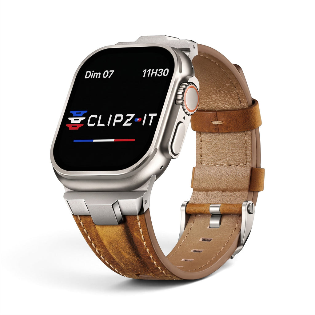 Bracelet Saga cuir & titane marron, vue de face - Apple Watch | Clipz-it