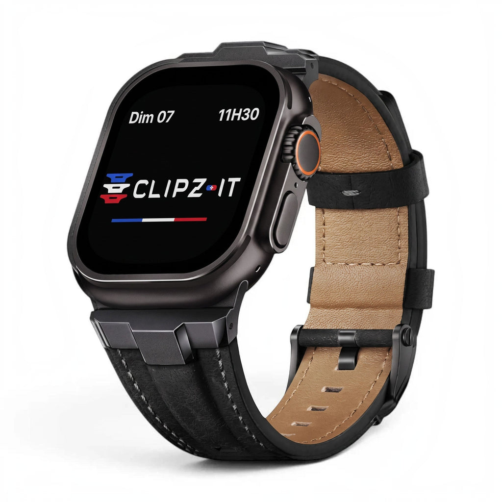 Bracelet Saga cuir & titane noir, vue de face 2 - Apple Watch | Clipz-it