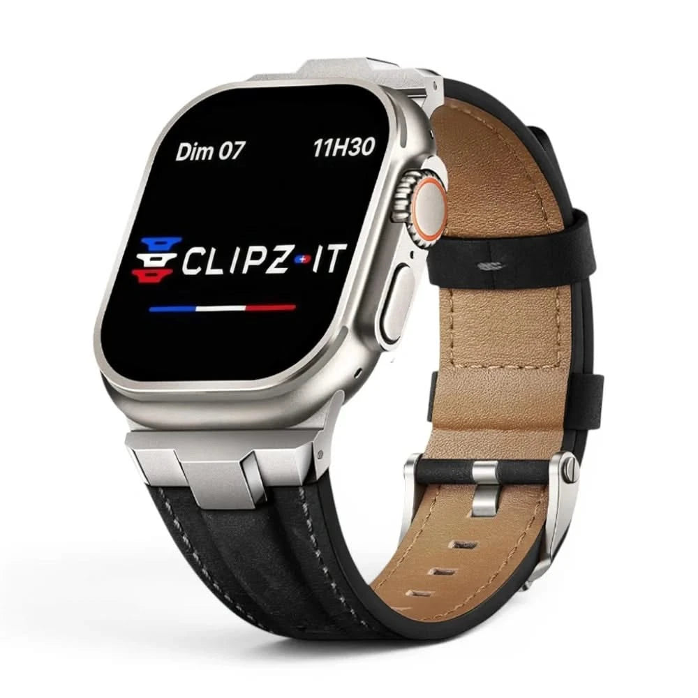 Bracelet Saga cuir & titane noir, vue de face - Apple Watch | Clipz-it