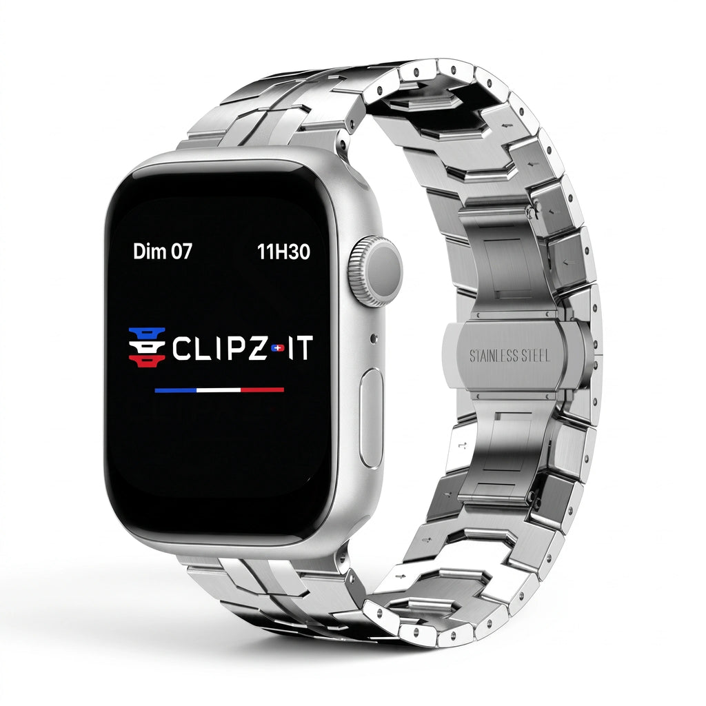 Bracelet Sentinel acier inoxydable argent, vue de face - Apple Watch | Clipz-it
