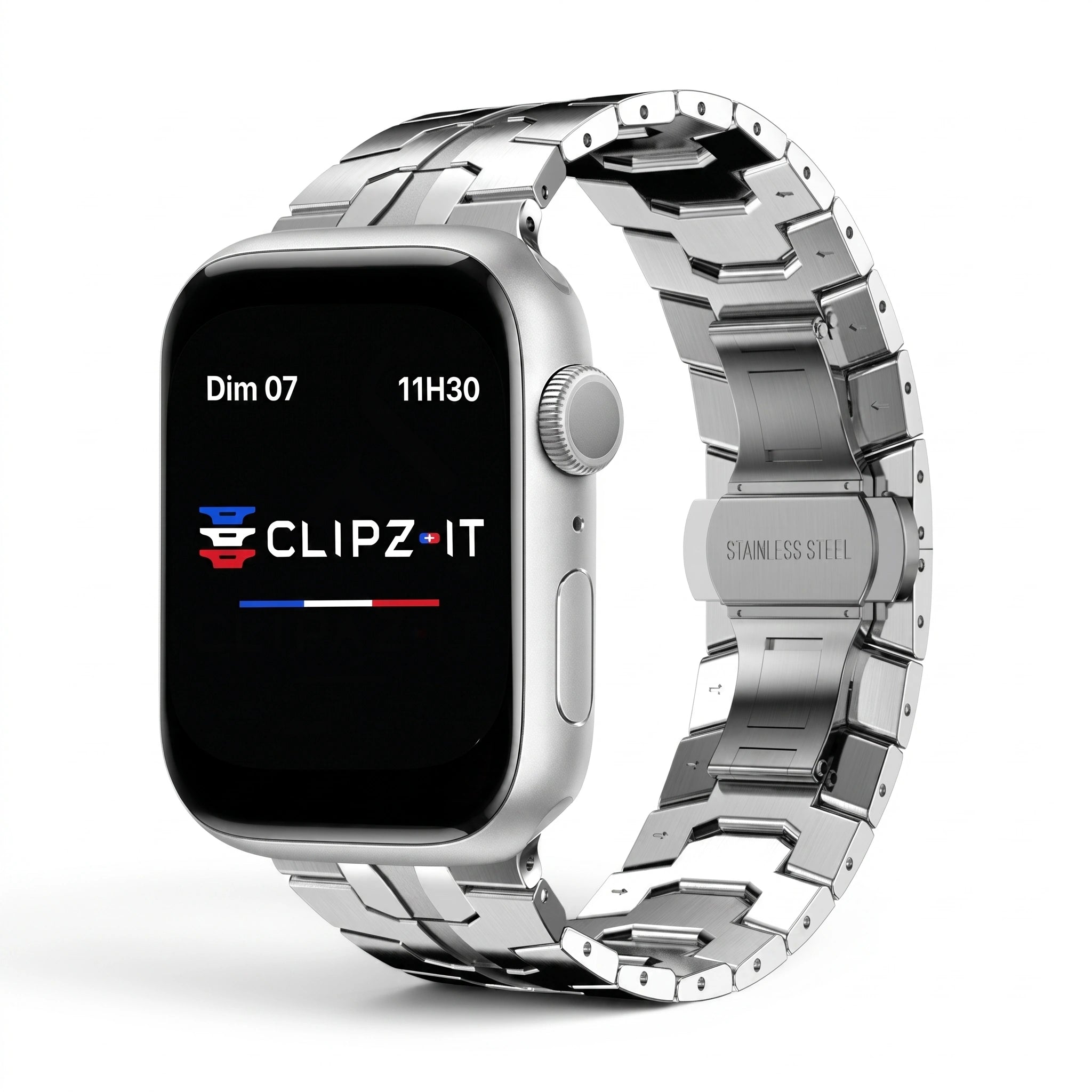 Bracelet Sentinel acier inoxydable argent, vue de face - Apple Watch | Clipz-it