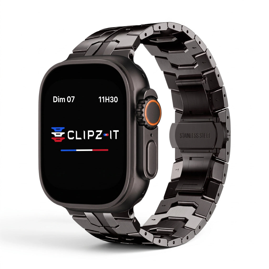 Bracelet Sentinel acier inoxydable noir, vue de face - Apple Watch | Clipz-it