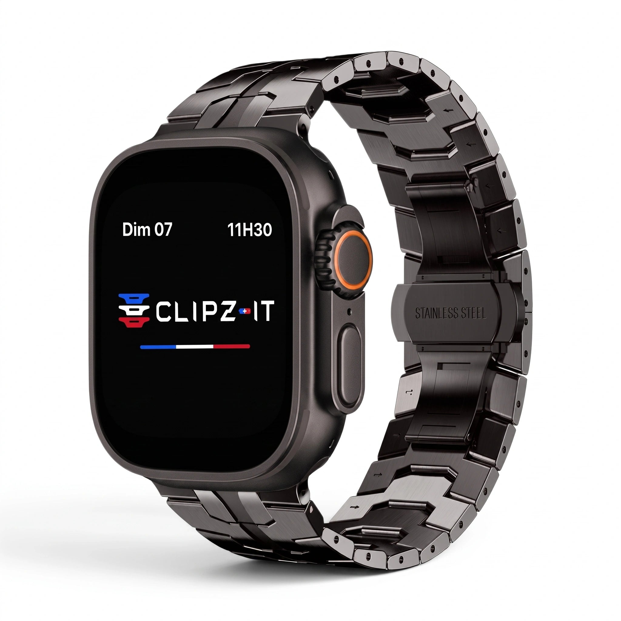 Bracelet Sentinel acier inoxydable noir, vue de face - Apple Watch | Clipz-it