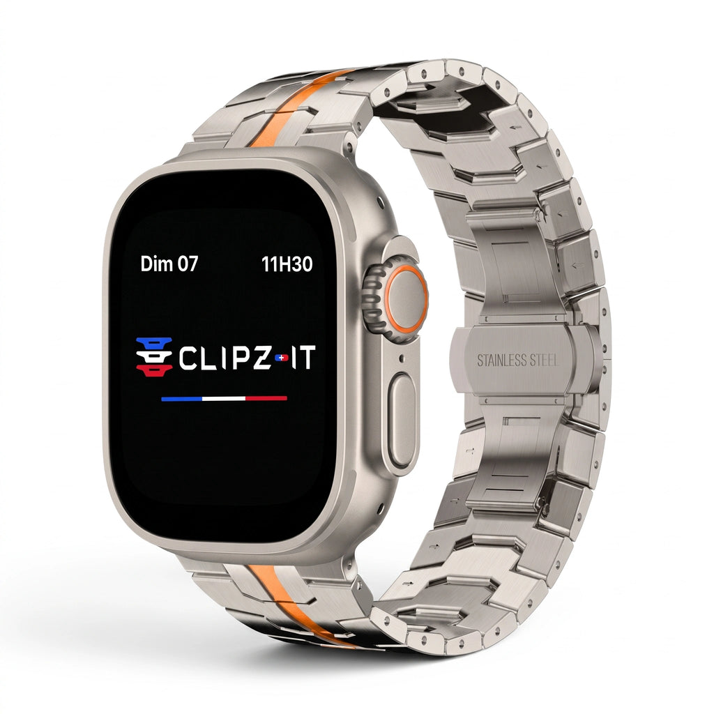Bracelet Sentinel acier inoxydable titane & orange, vue de face - Apple Watch | Clipz-it