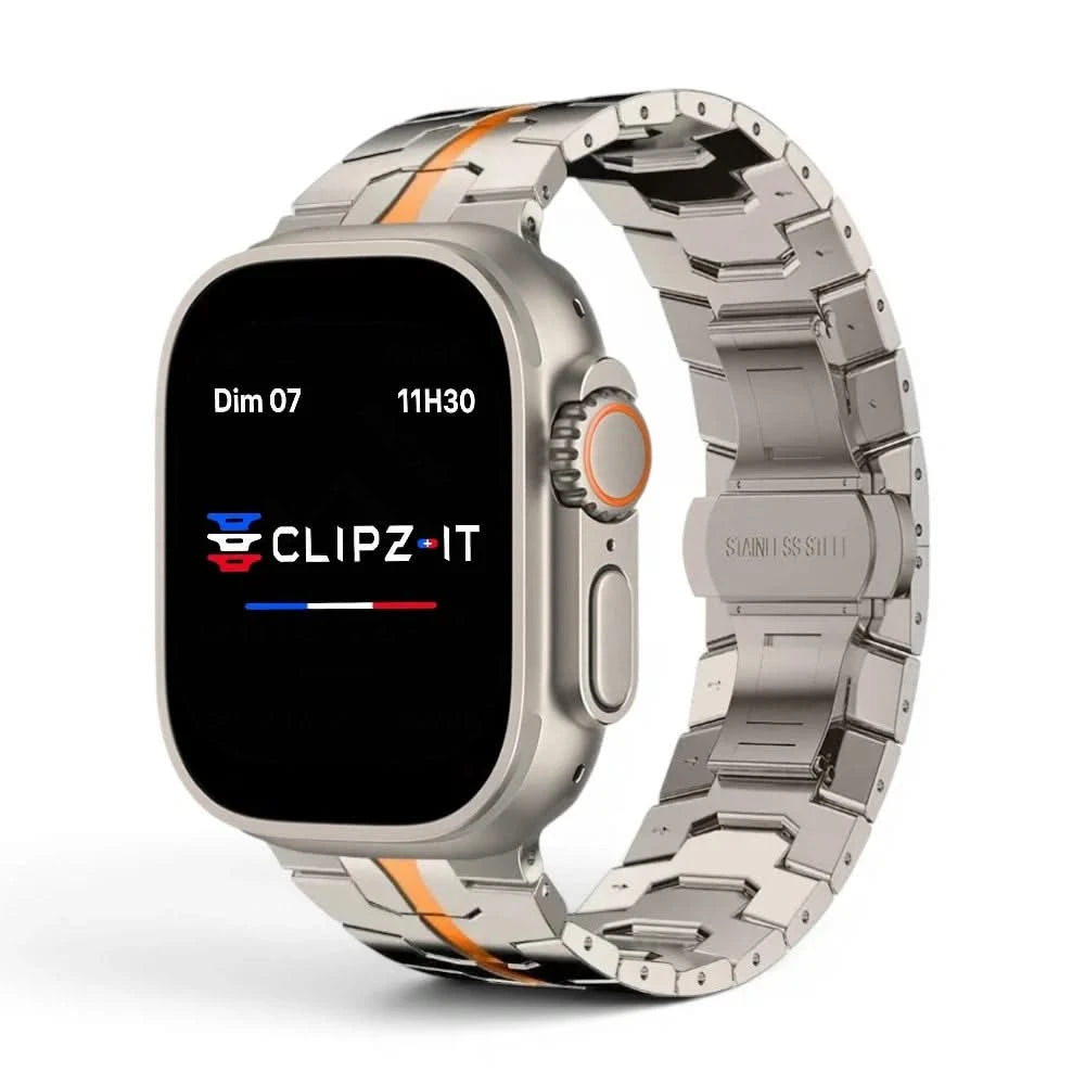 Bracelet Sentinel acier inoxydable titane & orange, vue de face - Apple Watch | Clipz-it
