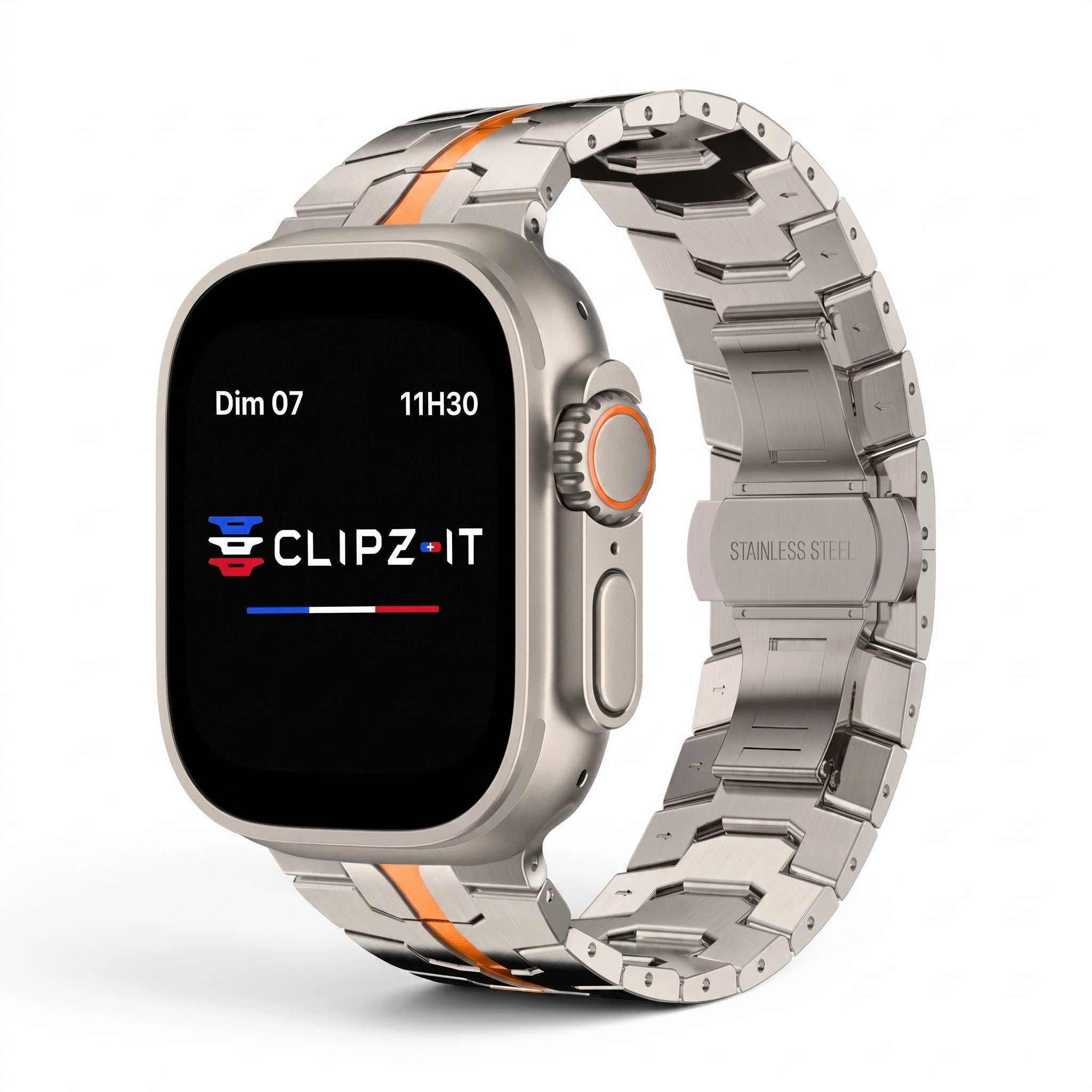 Bracelet Sentinel acier inoxydable titane & orange, vue de face - Apple Watch | Clipz-it