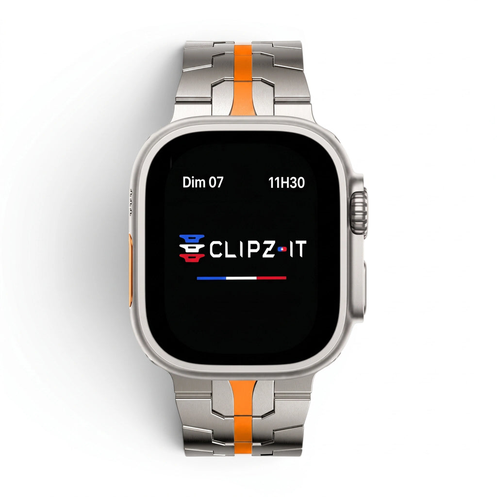 Bracelet Sentinel acier inoxydable titane & orange, vue 4 - Apple Watch | Clipz-it