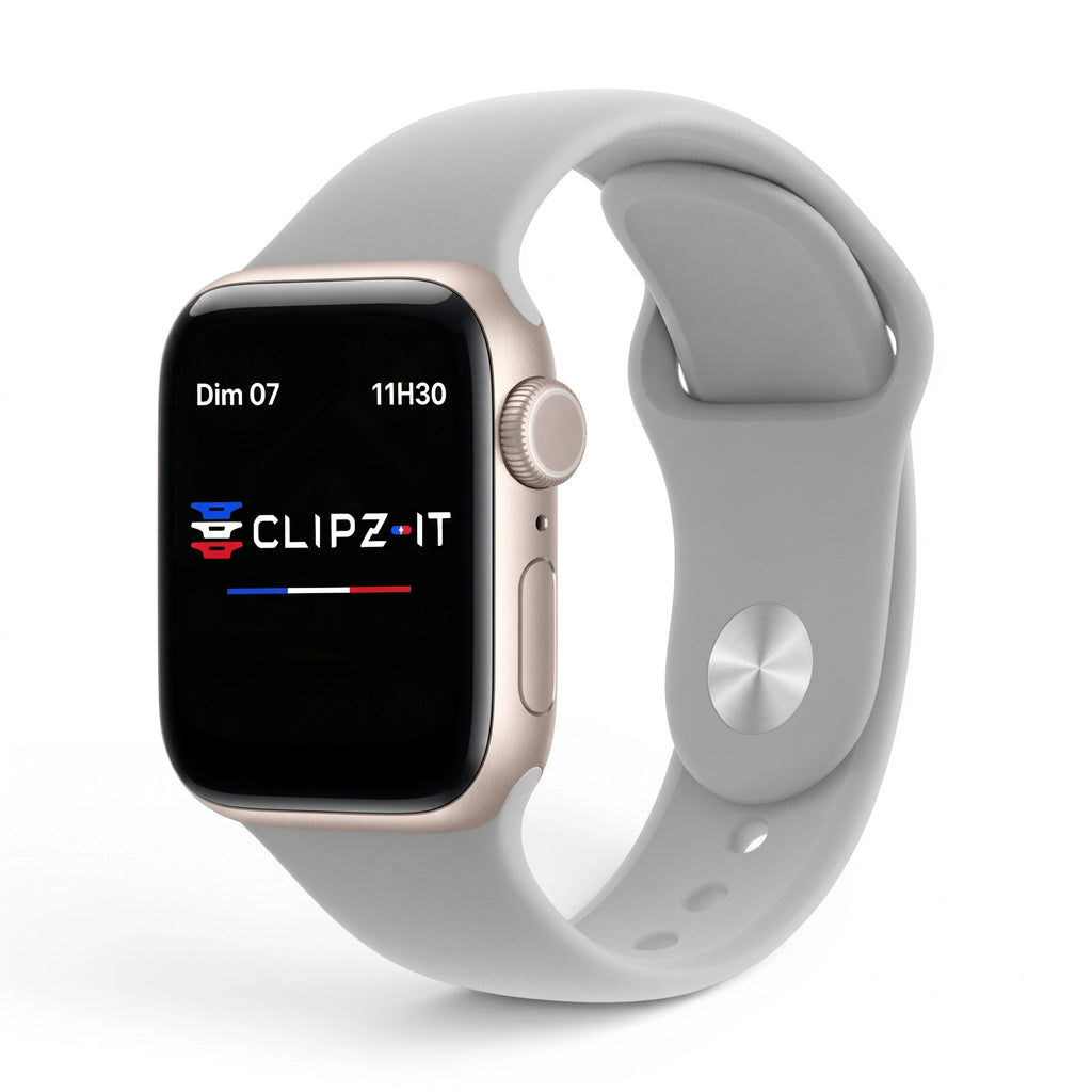 Bracelet Signature silicone gris clair, vue de face - Apple Watch | Clipz-it