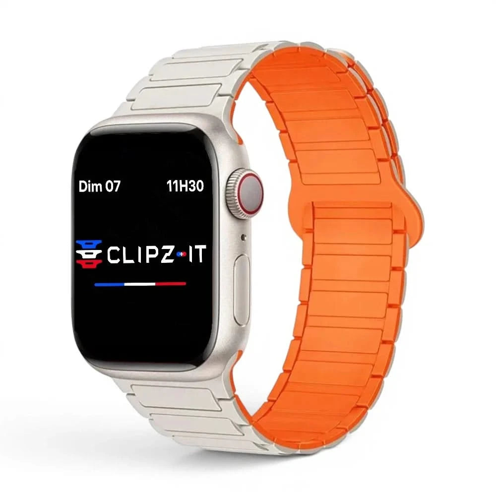 Bracelet Sofia silicone blanc - orange, vue de face - Apple Watch | Clipz-it