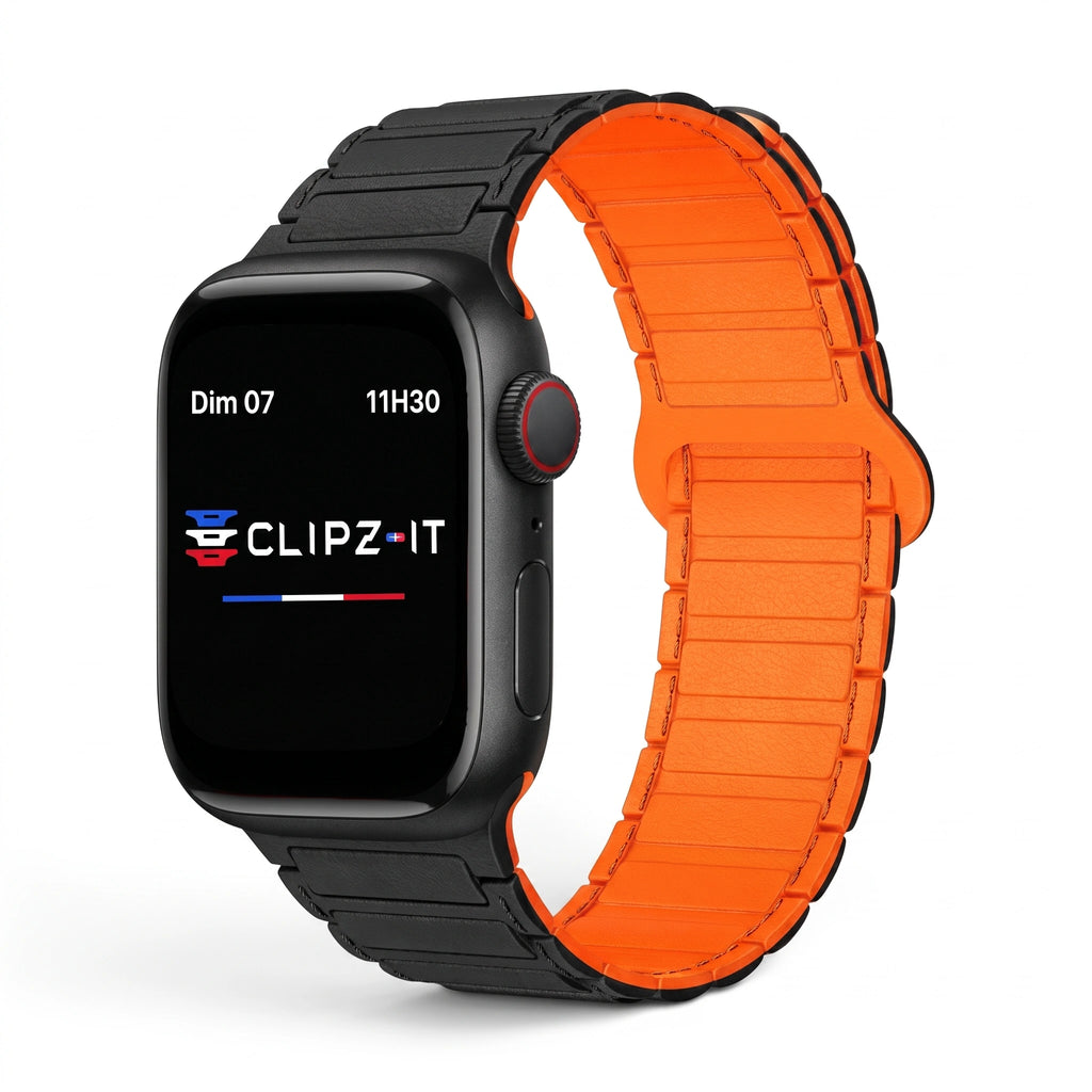 Řemínek Sofia silikonový černý - oranžový, pohled zepředu - Apple Watch | Clipz-it
