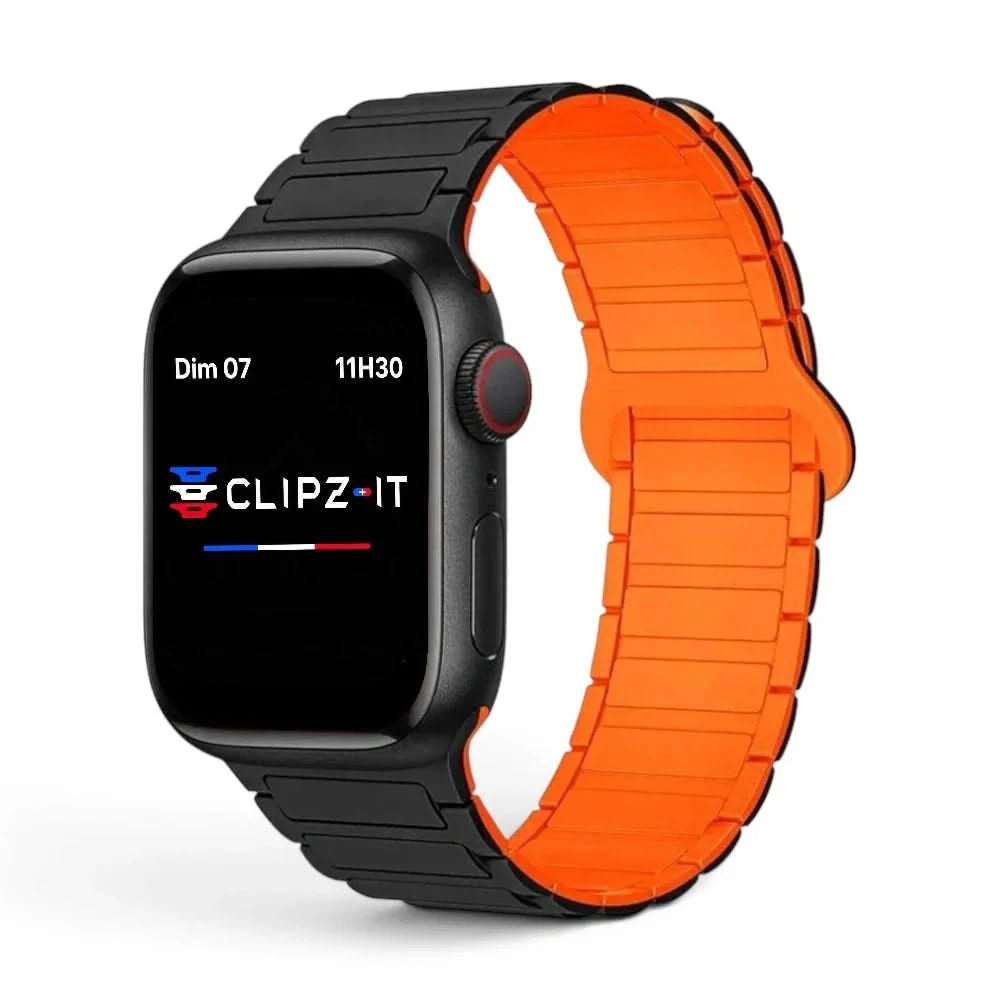 Bracelet Sofia silicone noir - orange, vue de face - Apple Watch | Clipz-it