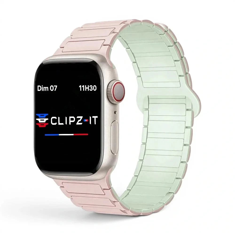 Bracelet Sofia silicone rose - vert, vue de face - Apple Watch | Clipz-it