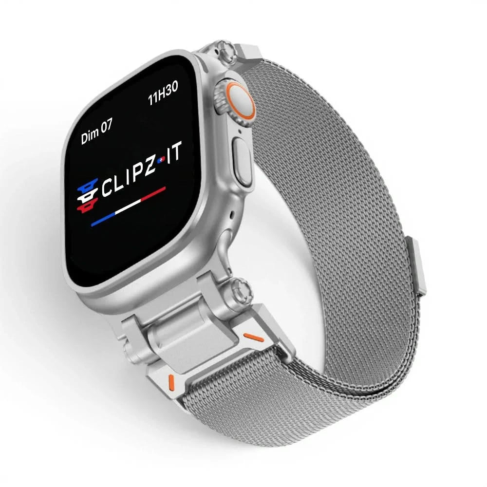 Bracelet Titan Mesh maille milanaise titane argent, vue de face - Apple Watch | Clipz-it