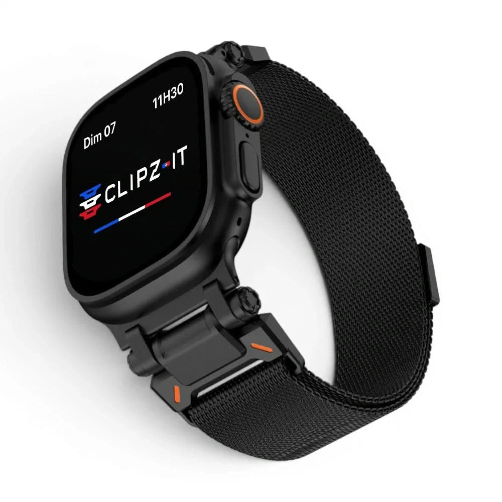 Bracelet Titan Mesh maille milanaise titane noir, vue de face - Apple Watch | Clipz-it
