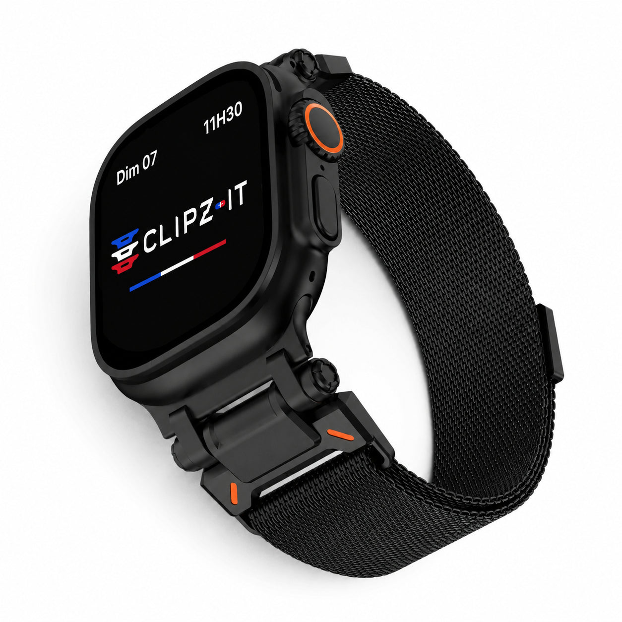 Bracelet Titan Mesh maille milanaise titane noir, vue de face - Apple Watch | Clipz-it