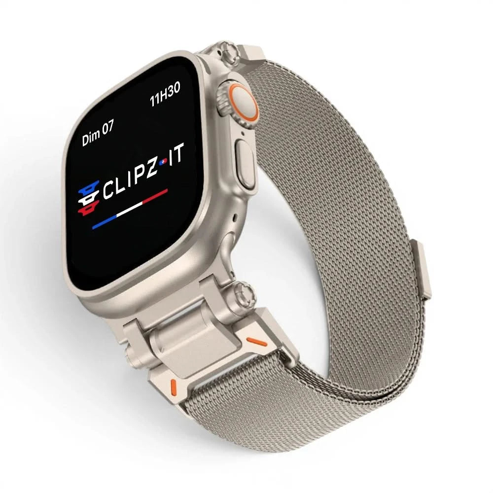 Bracelet Titan Mesh maille milanaise titane titane, vue de face - Apple Watch | Clipz-it