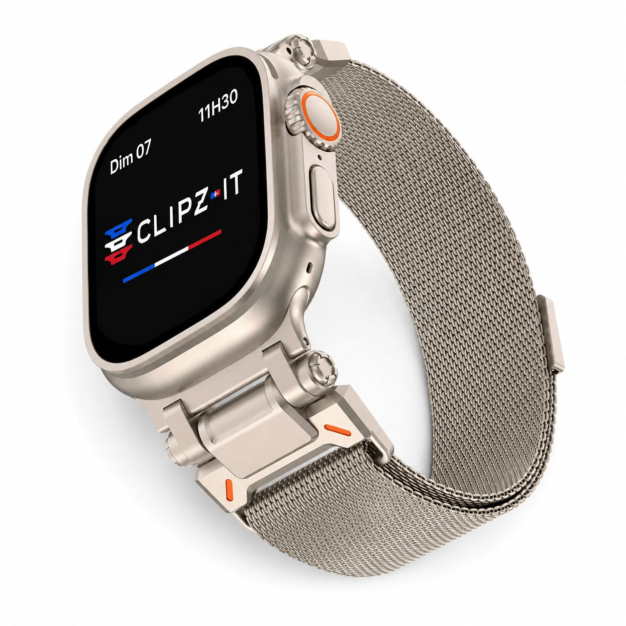 Bracelet Titan Mesh maille milanaise titane titane, vue de face - Apple Watch | Clipz-it