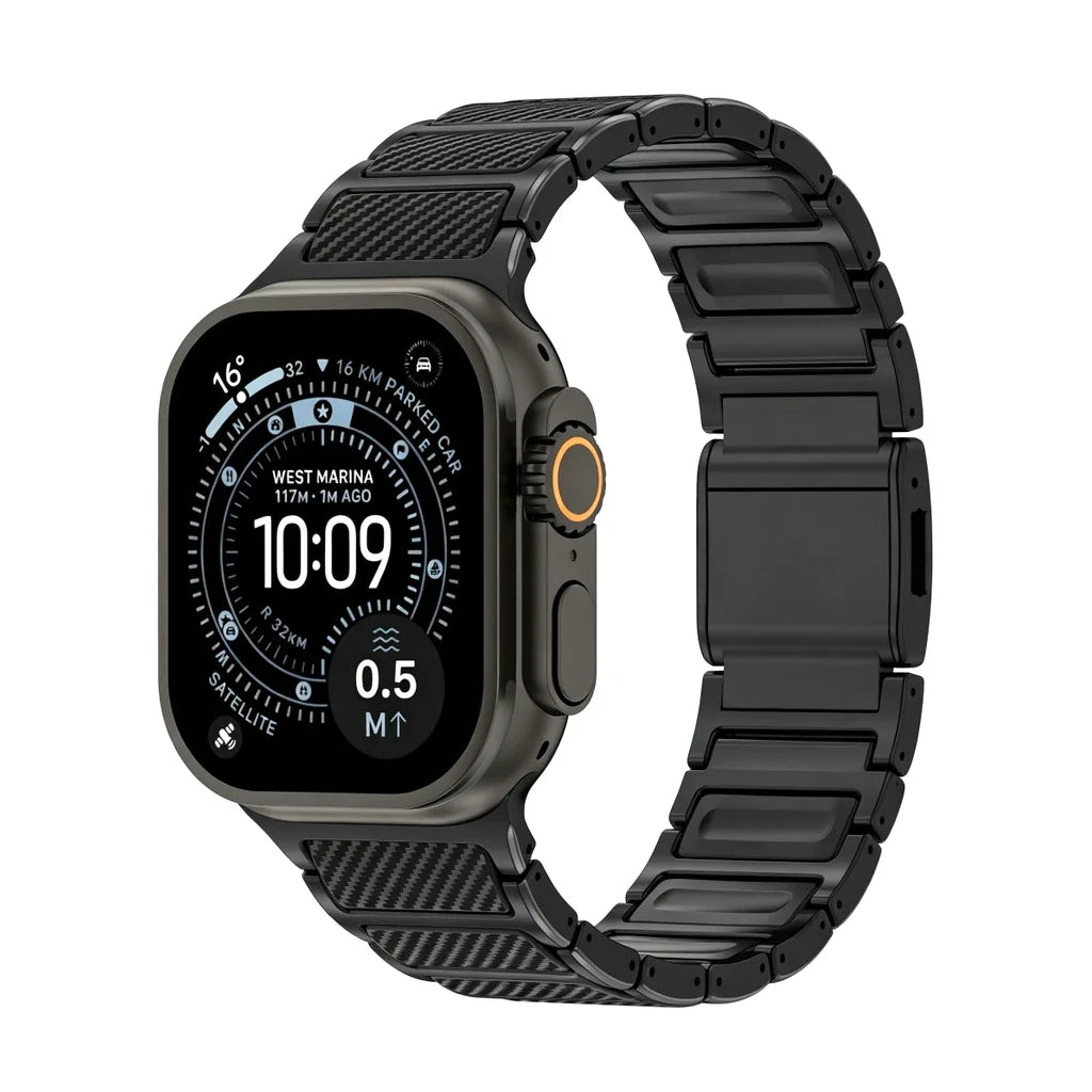 Weave strap, titanium &amp; carbon fibre, black DLC, front view - Apple Watch