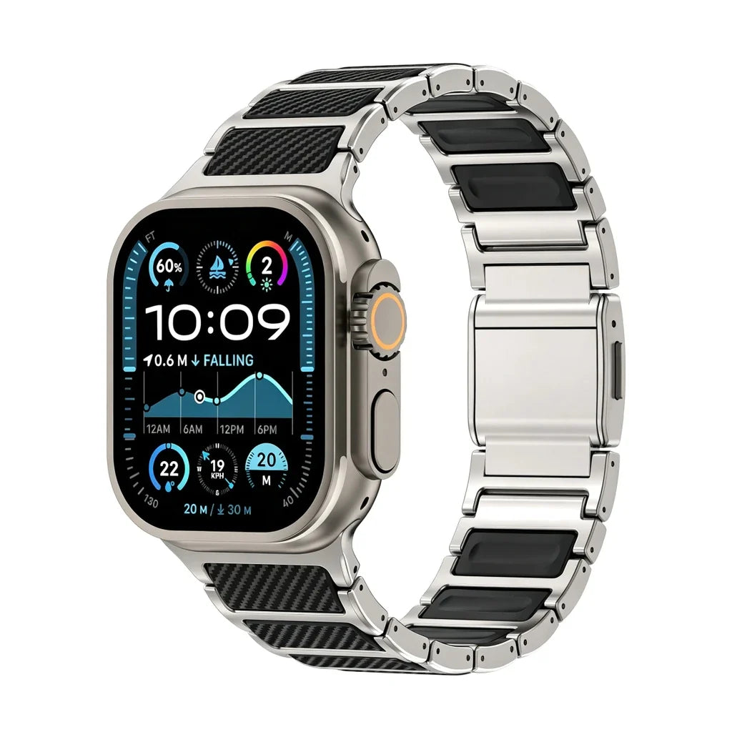 Weave strap, titanium &amp; carbon fibre, titanium and black, front view - Apple Watch