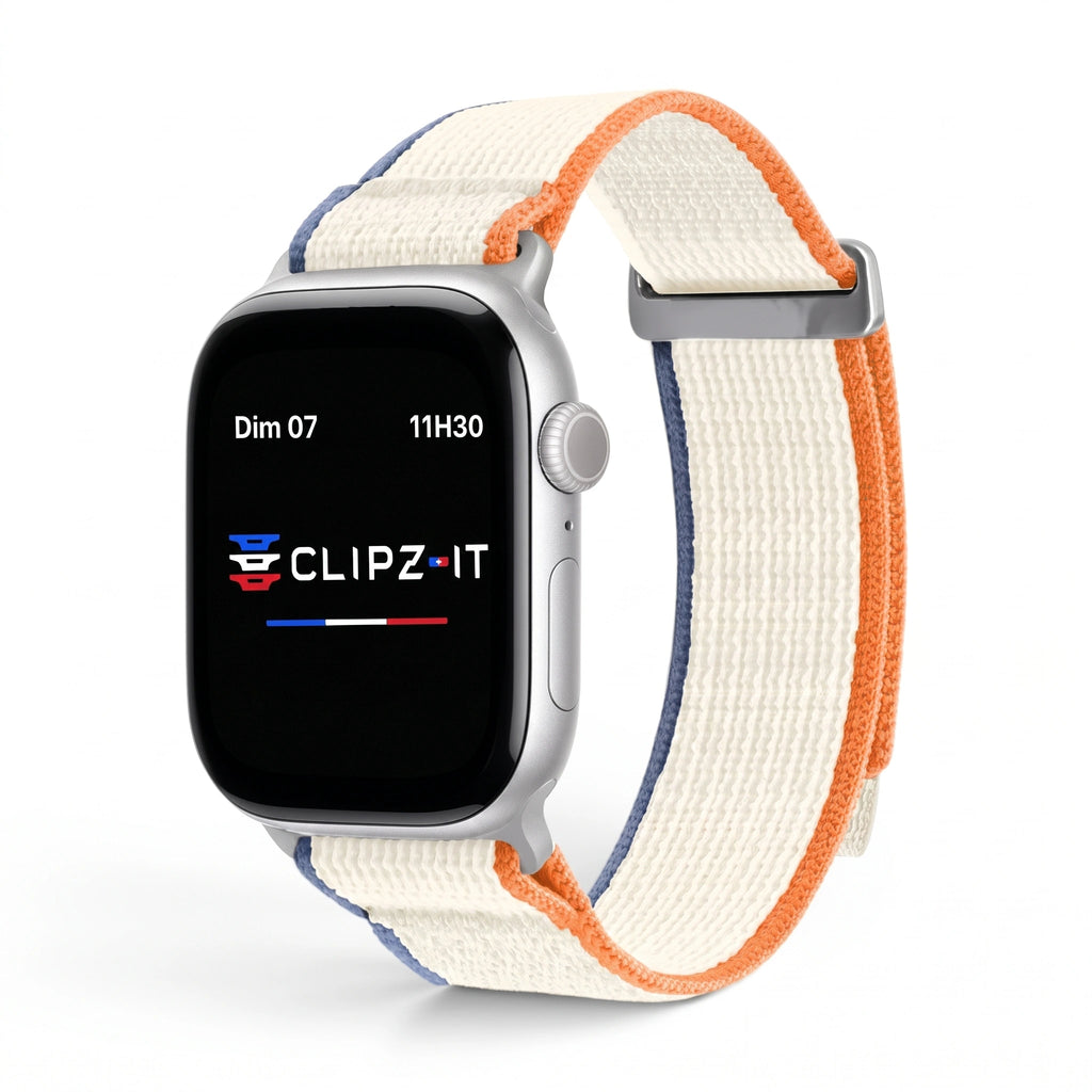 Bracelet Trek nylon beige, vue de face 2 - Apple Watch | Clipz-it