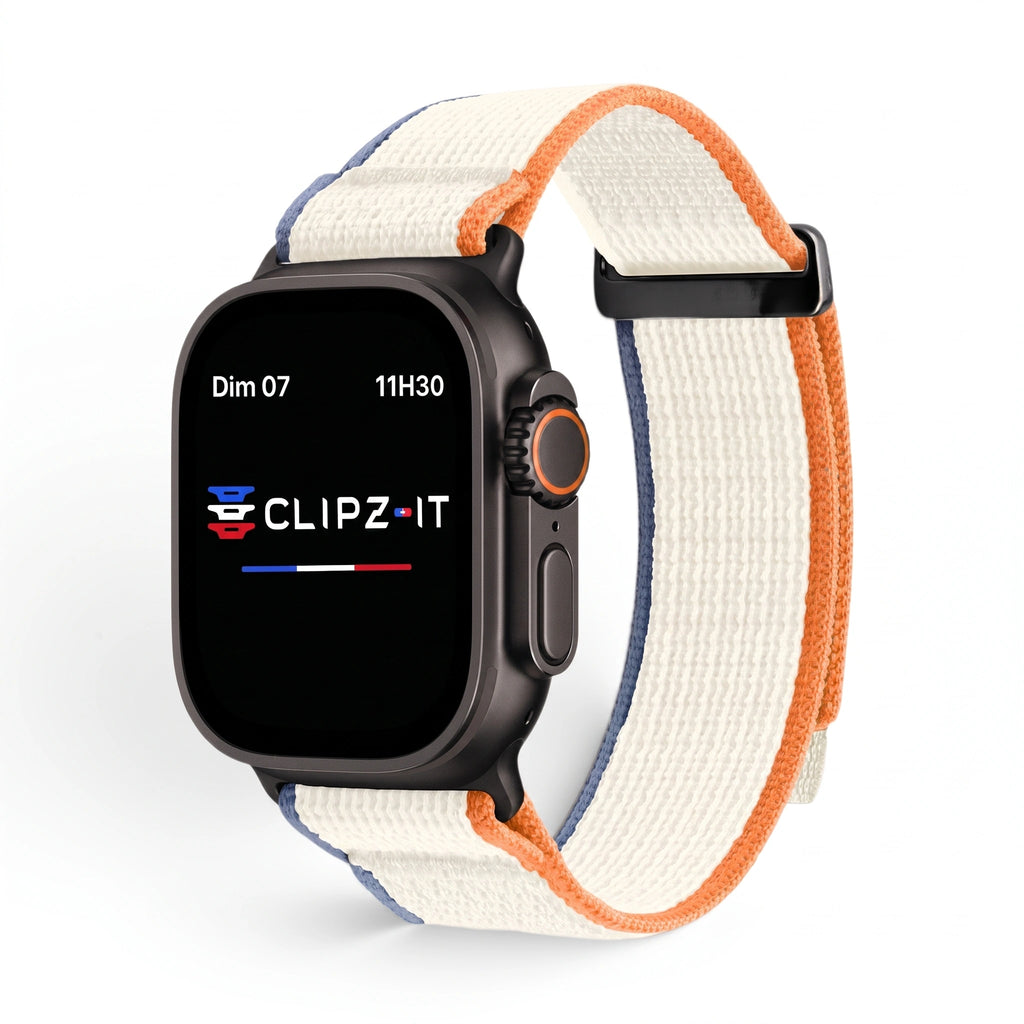 Bracelet Trek nylon beige, vue de face - Apple Watch | Clipz-it