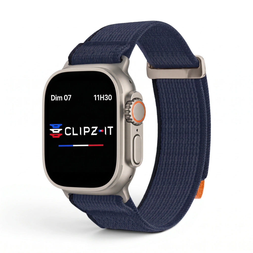 Bracelet Trek nylon bleu, vue de face 2 - Apple Watch | Clipz-it