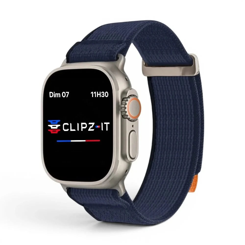 Bracelet Trek nylon bleu, vue de face 2 - Apple Watch | Clipz-it