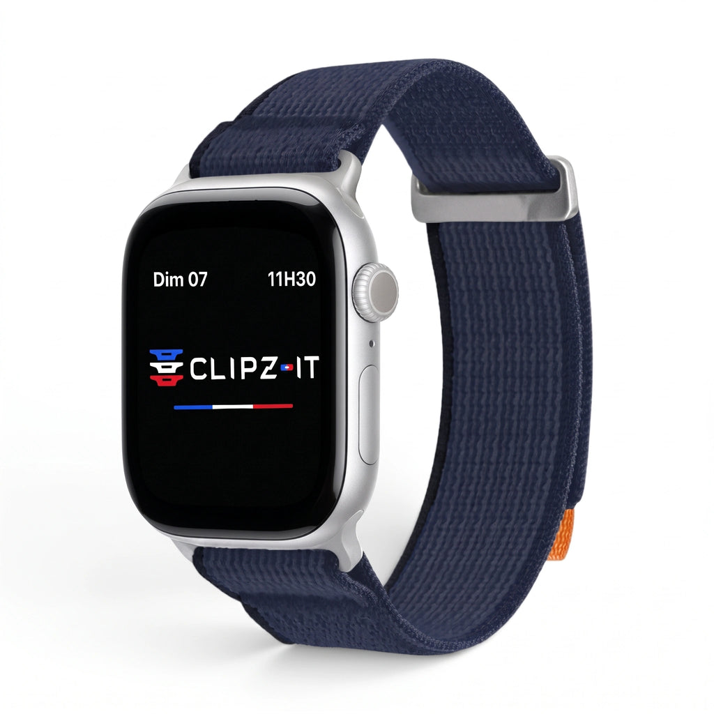 Bracelet Trek nylon bleu, vue de face 3 - Apple Watch | Clipz-it