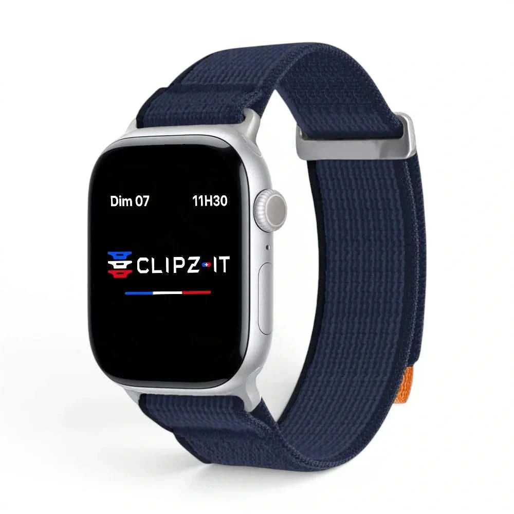 Bracelet Trek nylon bleu, vue de face 3 - Apple Watch | Clipz-it