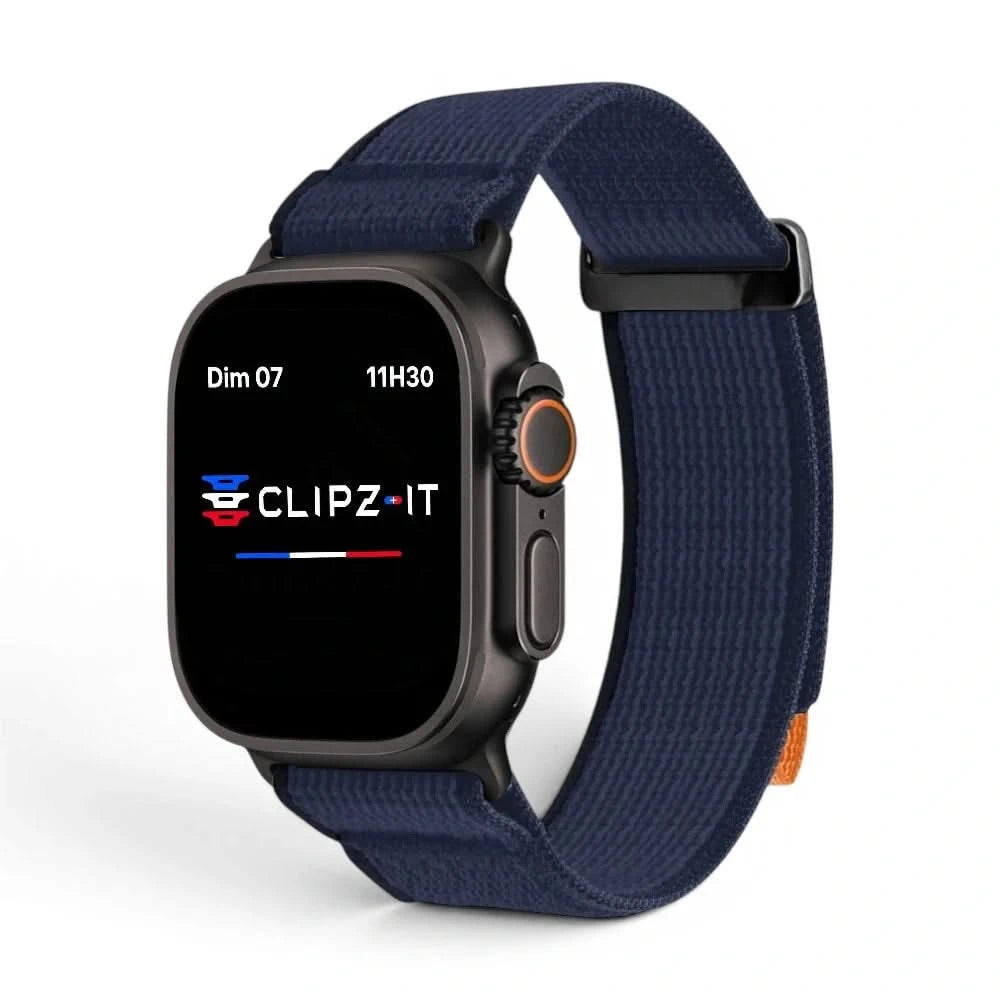 Bracelet Trek nylon bleu, vue de face - Apple Watch | Clipz-it