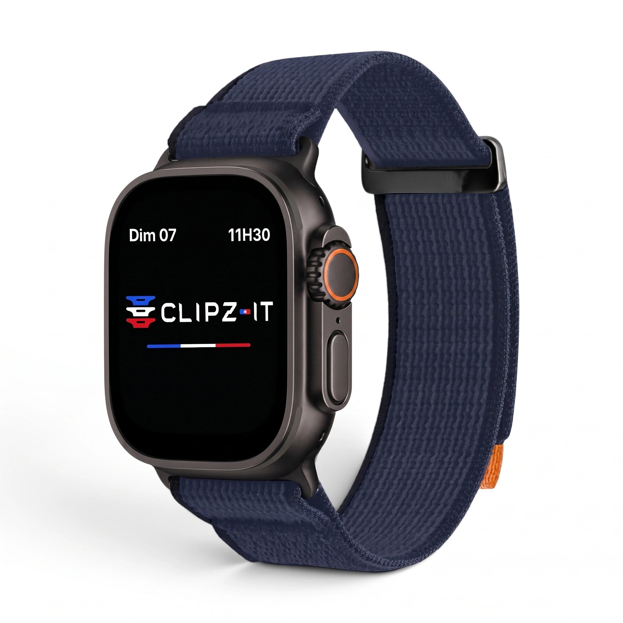 Bracelet Trek nylon bleu, vue de face - Apple Watch | Clipz-it