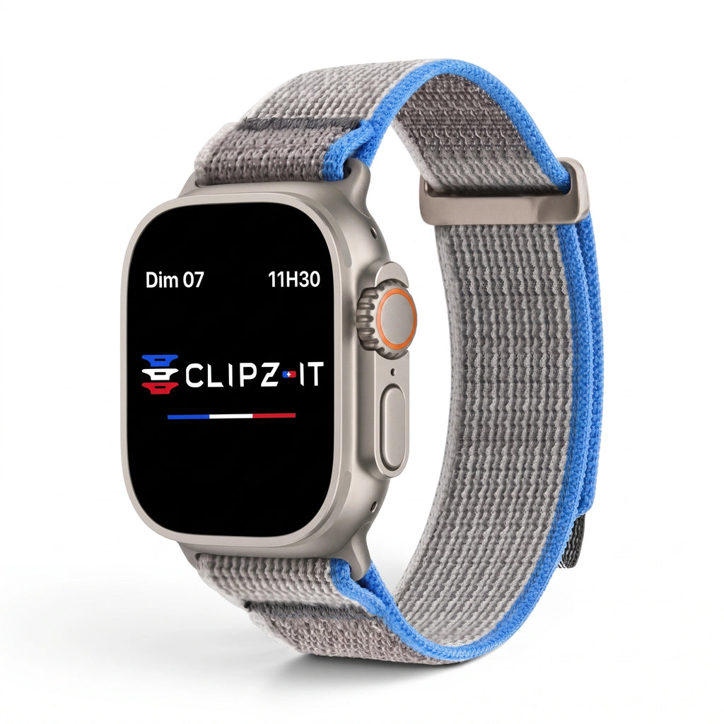 Bracelet Trek nylon gris, vue de face 2 - Apple Watch | Clipz-it