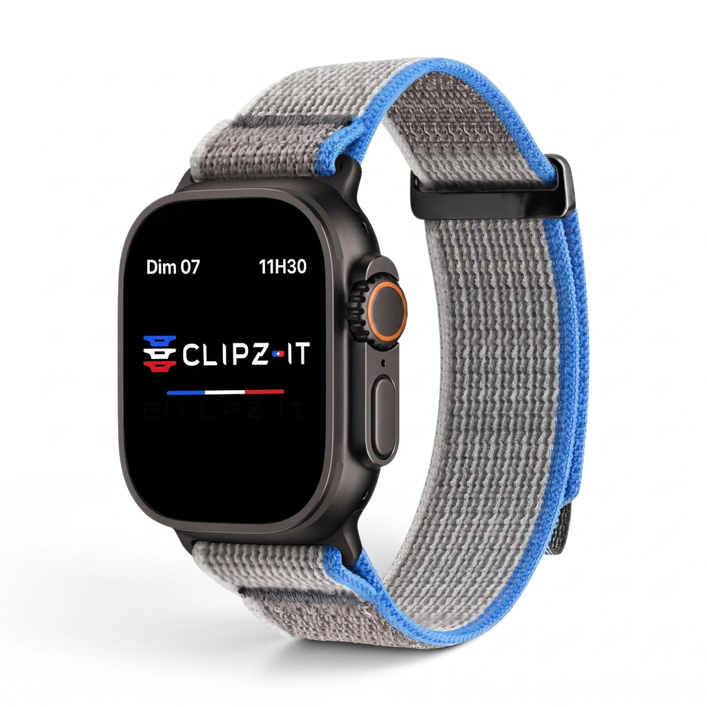 Bracelet Trek nylon gris, vue de face 3 - Apple Watch | Clipz-it