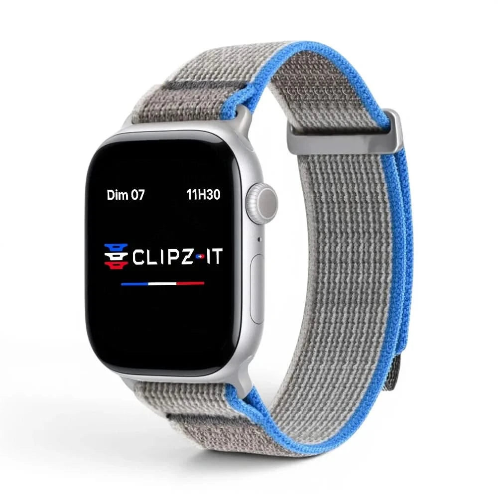 Bracelet Trek nylon gris, vue de face - Apple Watch | Clipz-it