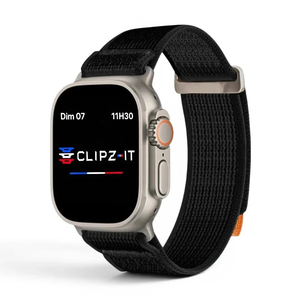 Bracelet Trek nylon noir, vue de face 2 - Apple Watch | Clipz-it