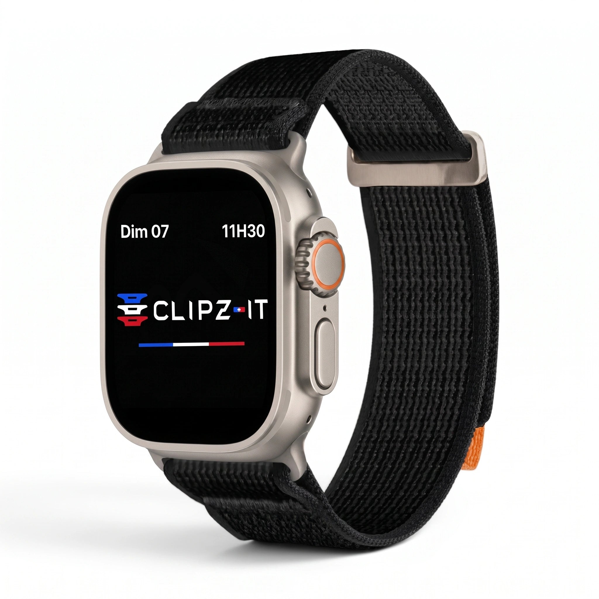 Bracelet Trek nylon noir, vue de face 2 - Apple Watch | Clipz-it