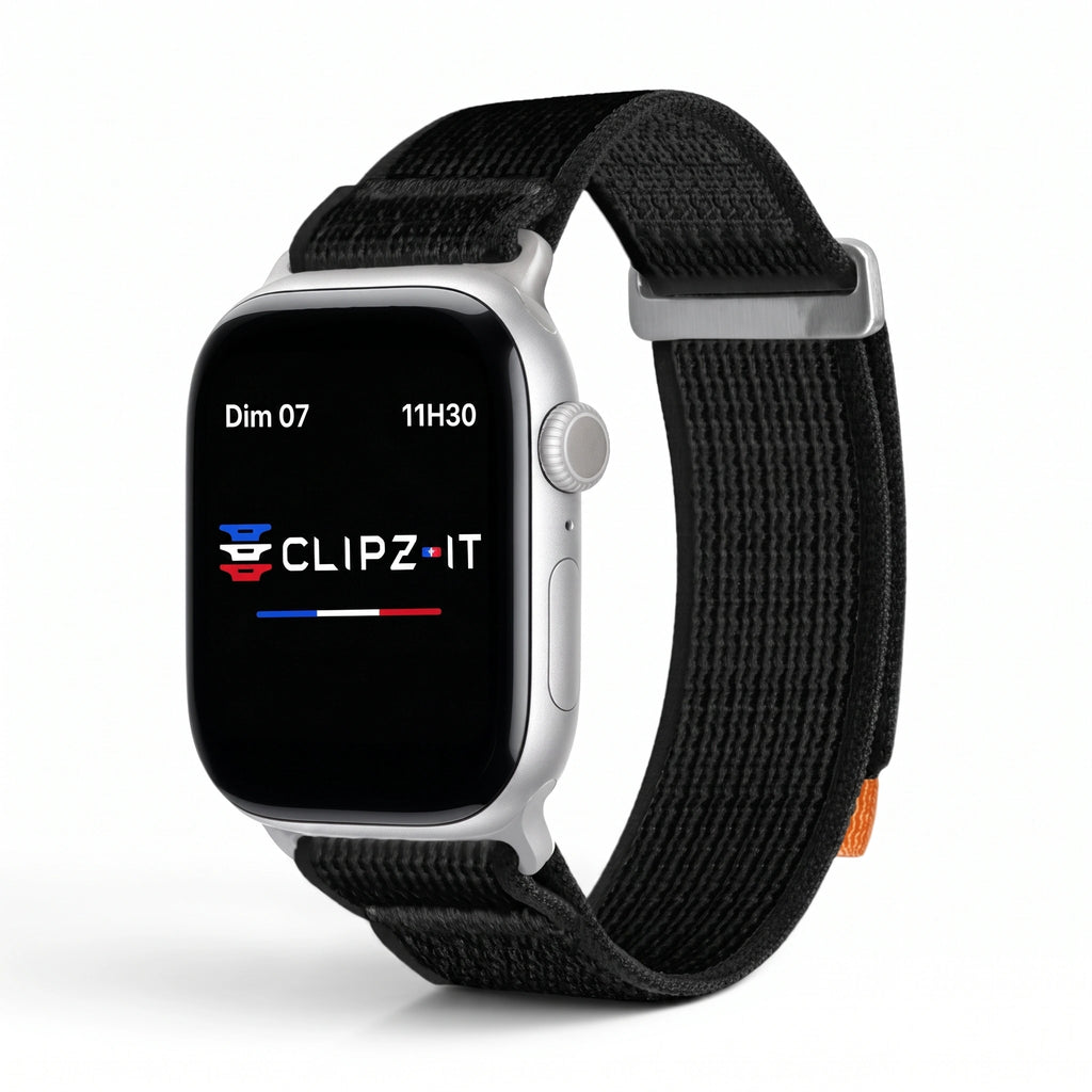 Bracelet Trek nylon noir, vue de face 3 - Apple Watch | Clipz-it