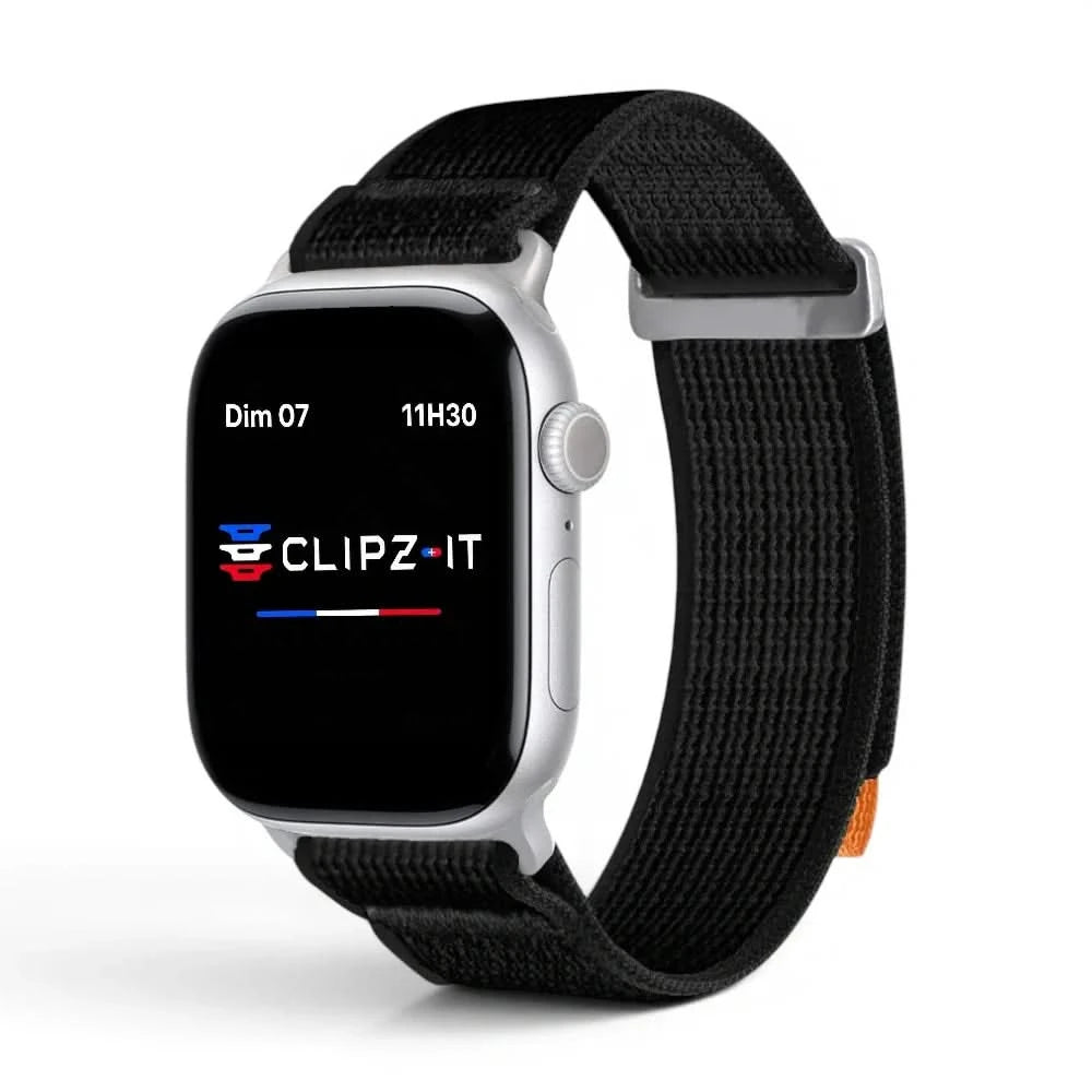 Bracelet Trek nylon noir, vue de face 3 - Apple Watch | Clipz-it