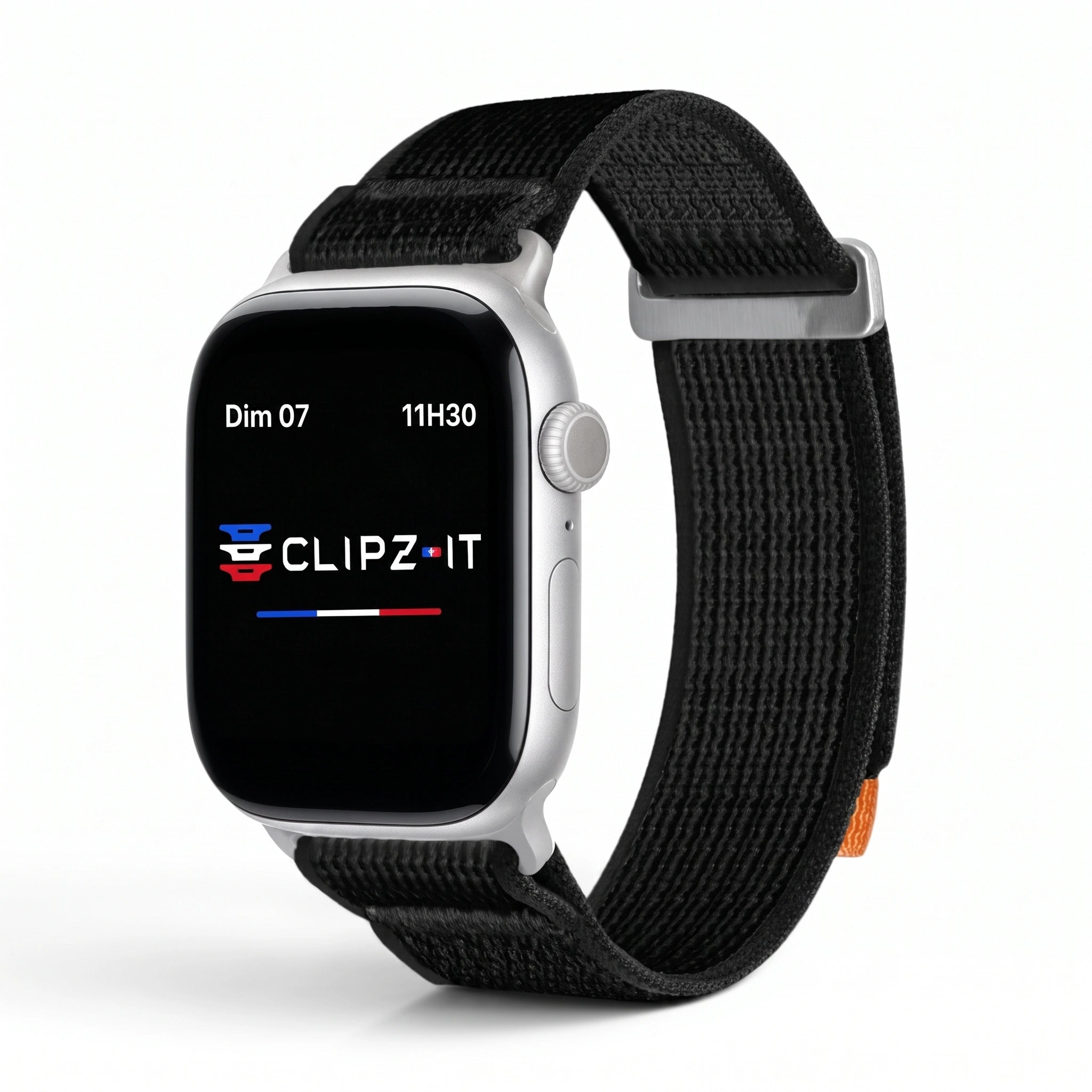 Bracelet Trek nylon noir, vue de face 3 - Apple Watch | Clipz-it