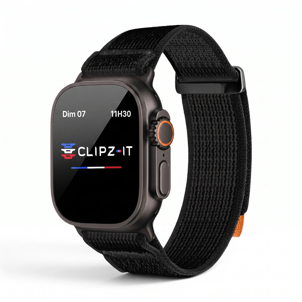 Bracelet Trek nylon noir, vue de face - Apple Watch | Clipz-it