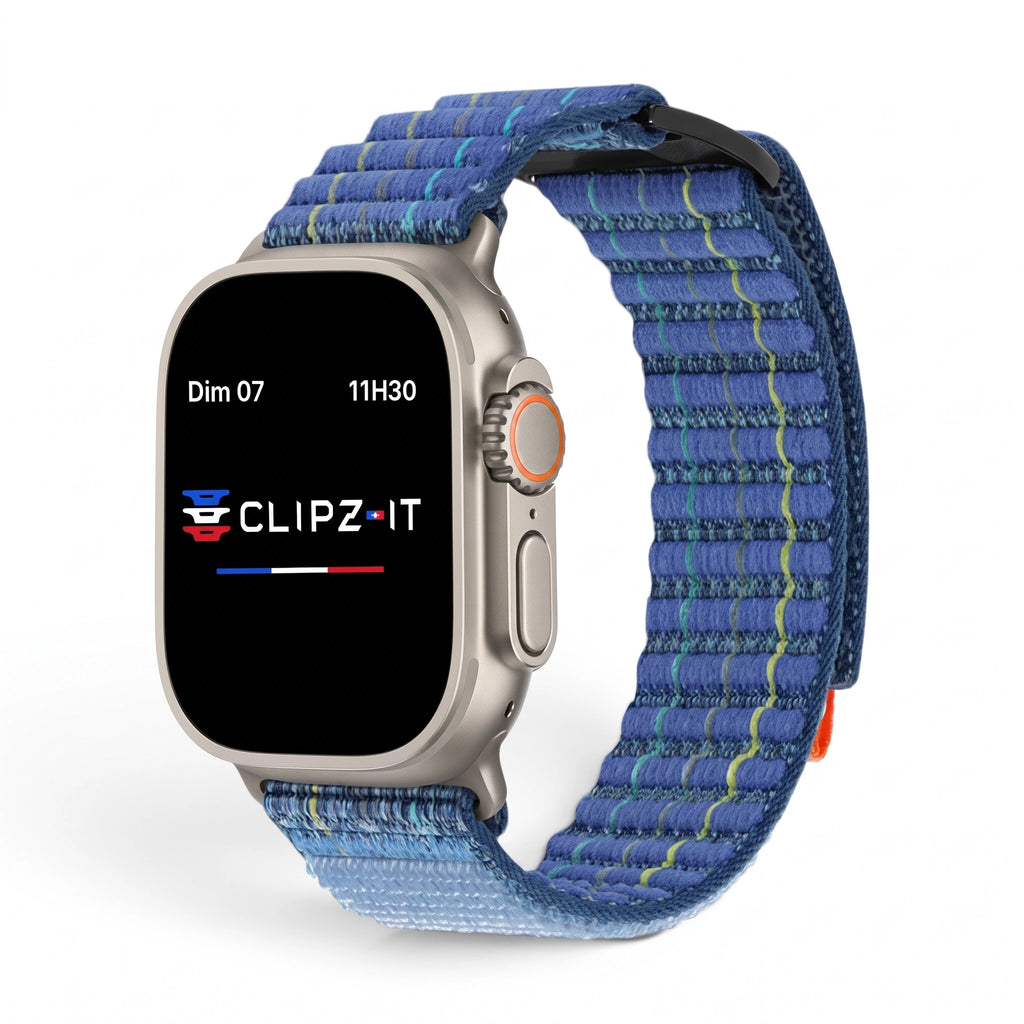 Bracelet Trekker nylon outdoor bleu, vue de face 2 - Apple Watch | Clipz-it