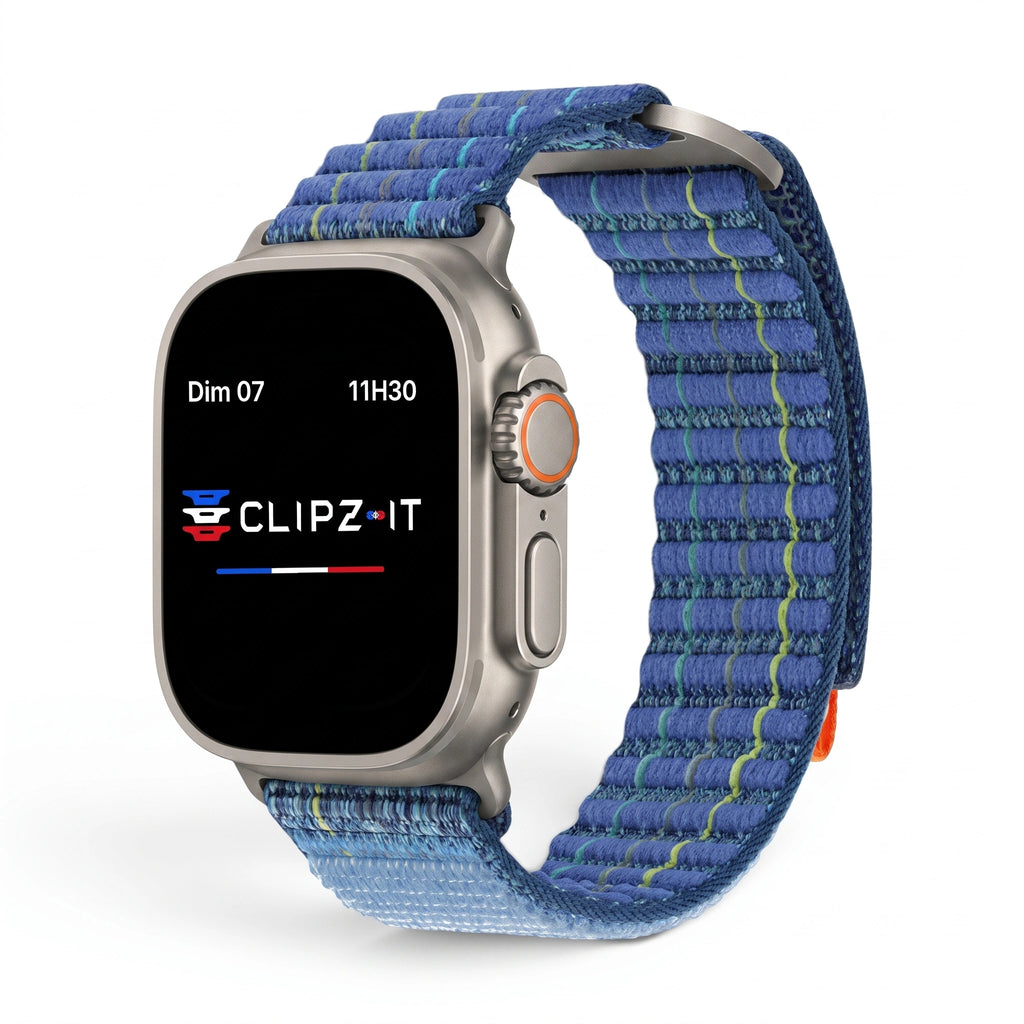 Bracelet Trekker nylon outdoor bleu, vue de face - Apple Watch | Clipz-it
