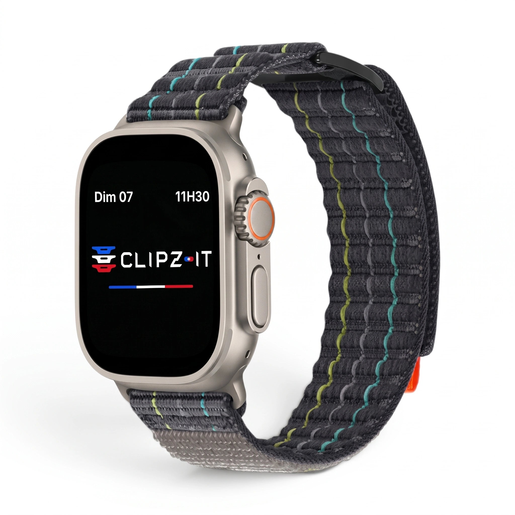 Bracelet Trekker nylon outdoor noir, vue de face 2 - Apple Watch | Clipz-it