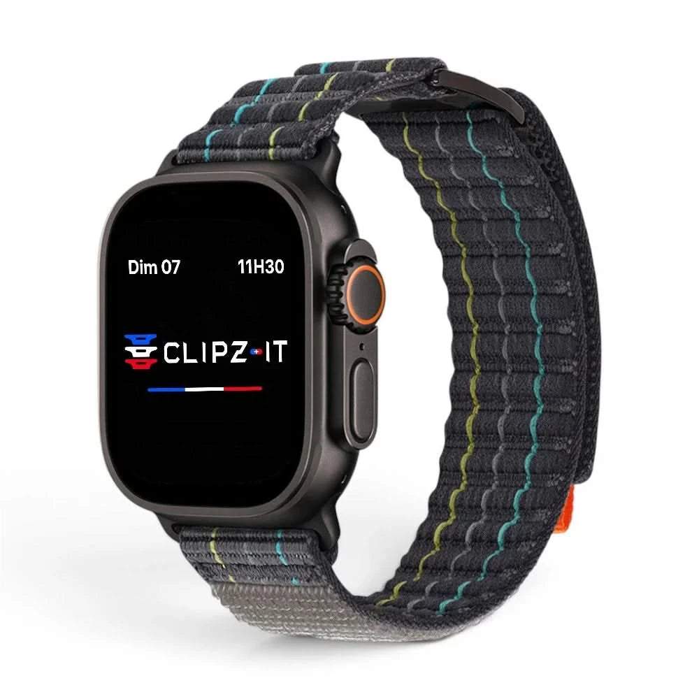 Bracelet Trekker nylon outdoor noir, vue de face - Apple Watch | Clipz-it