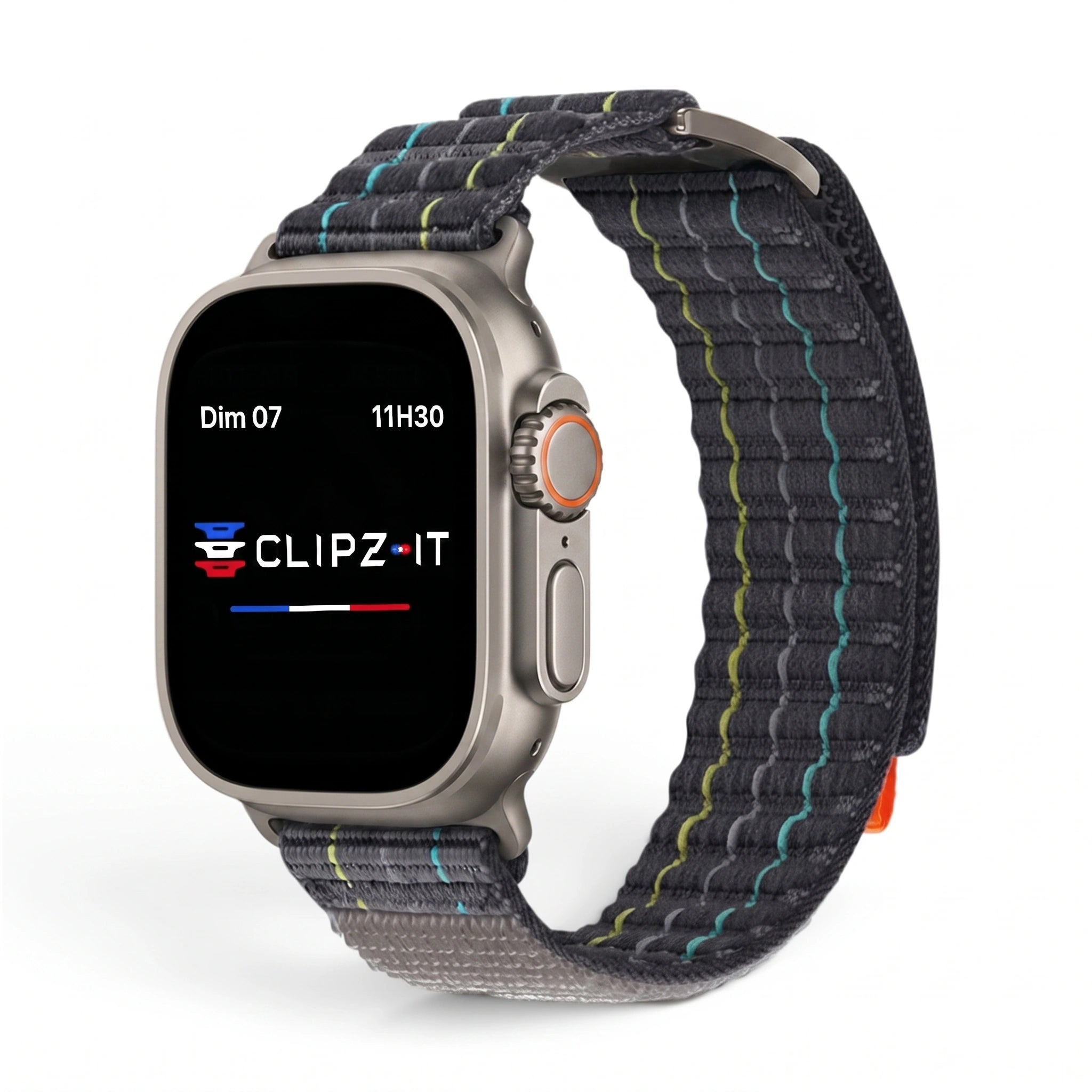 Bracelet Trekker nylon outdoor noir, vue de face - Apple Watch | Clipz-it