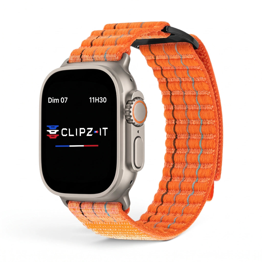 Bracelet Trekker nylon outdoor orange, vue de face 2 - Apple Watch | Clipz-it