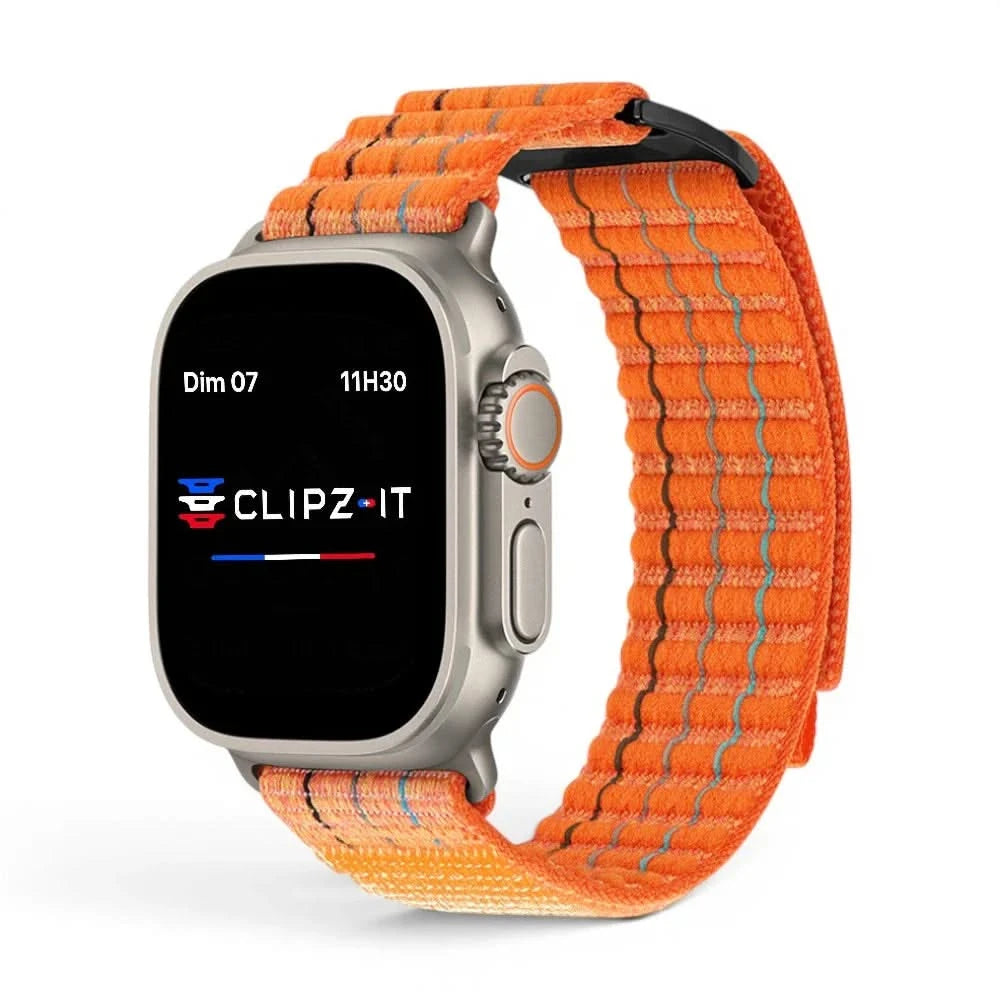 Bracelet Trekker nylon outdoor orange, vue de face 2 - Apple Watch | Clipz-it
